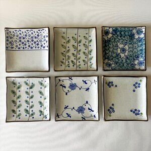 Japanese Hand Painted Sushi Soy Sauce Dishes Set 6 Assorted Square Side Plates